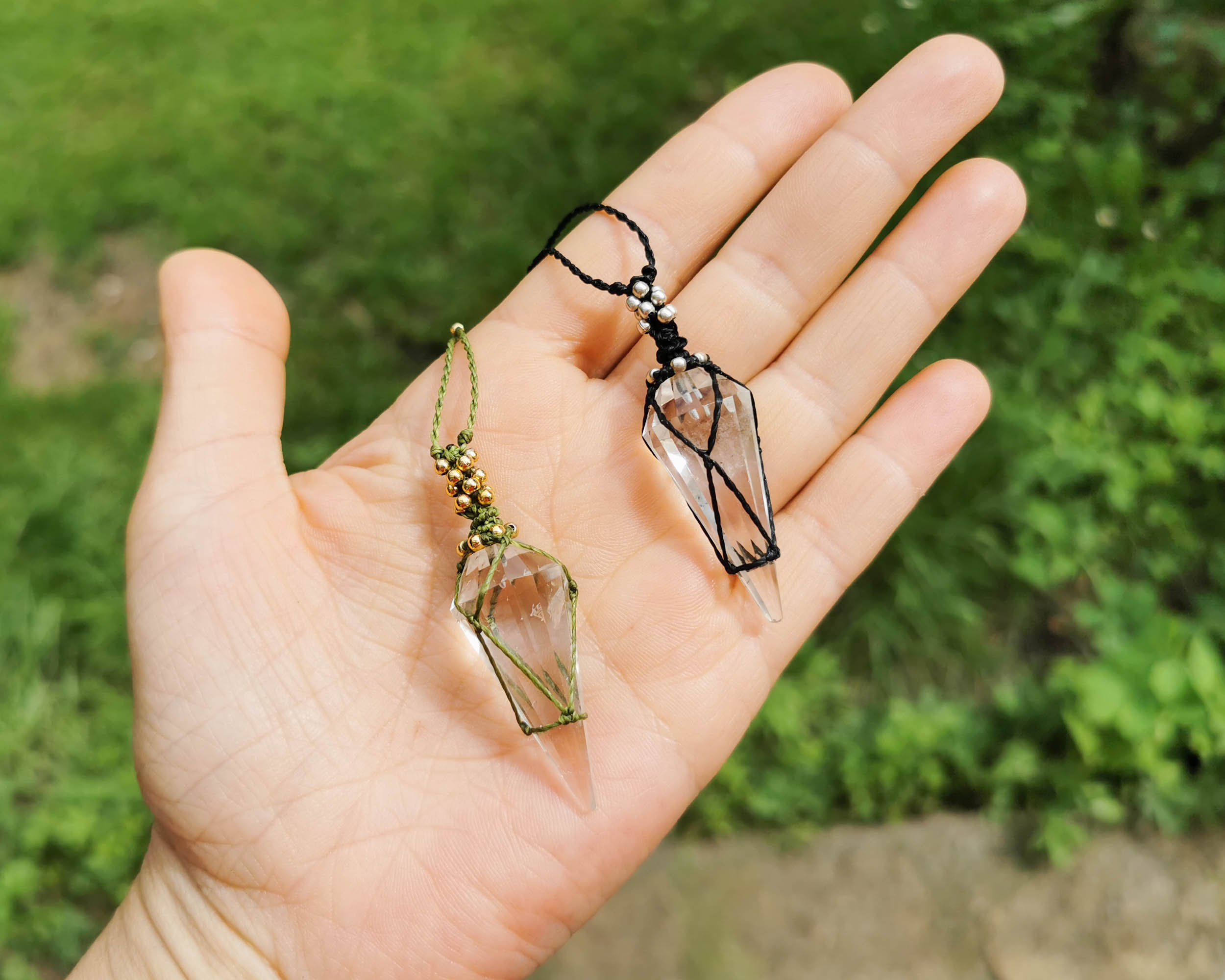 Rock Crystal Pendulum Pendant - Clear Quartz Set in Macrame