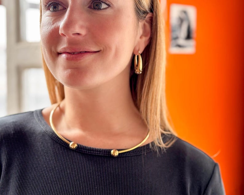 Brass Torque necklace - Two ball choker - Minimalist brutalist collar image 1