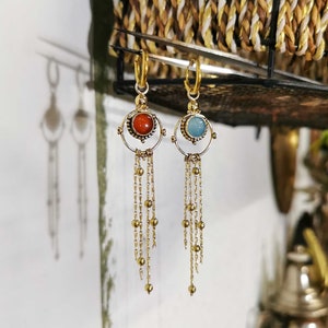 Fringe hoop earrings with pearls Gemstone earrings with gold cascade chain Long tassel chain earrings image 10