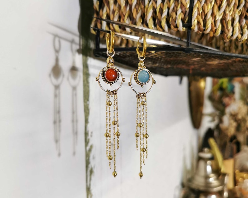 Fringe hoop earrings with pearls Gemstone earrings with gold cascade chain Long tassel chain earrings image 10