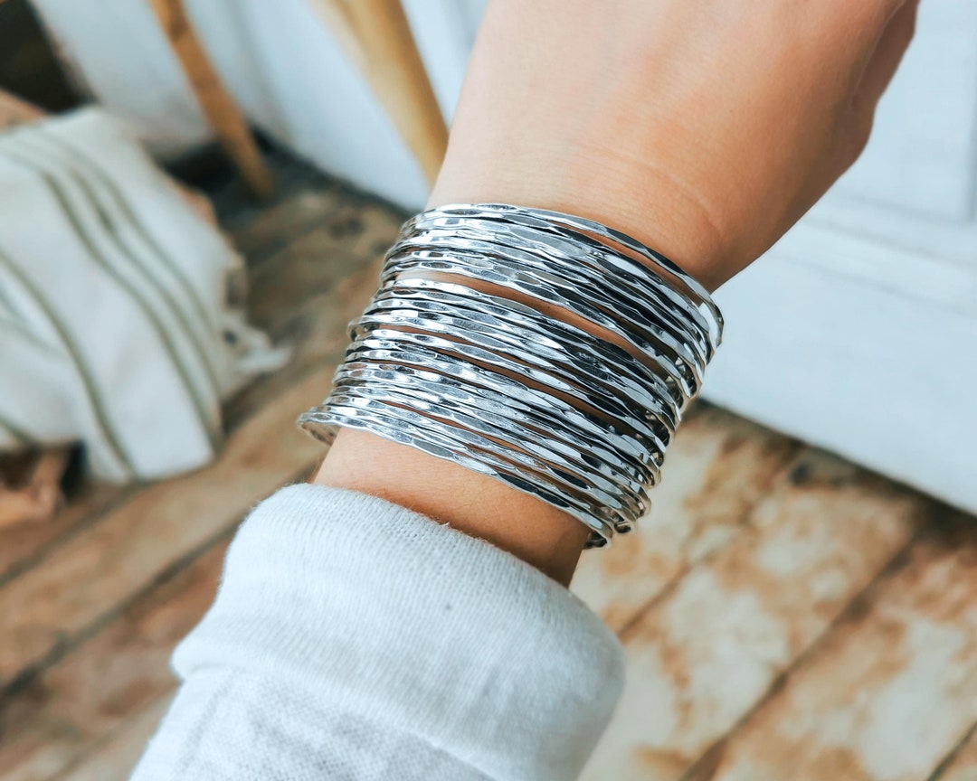 Wide Silver Bangle - Wire Cuff Bracelets for Women