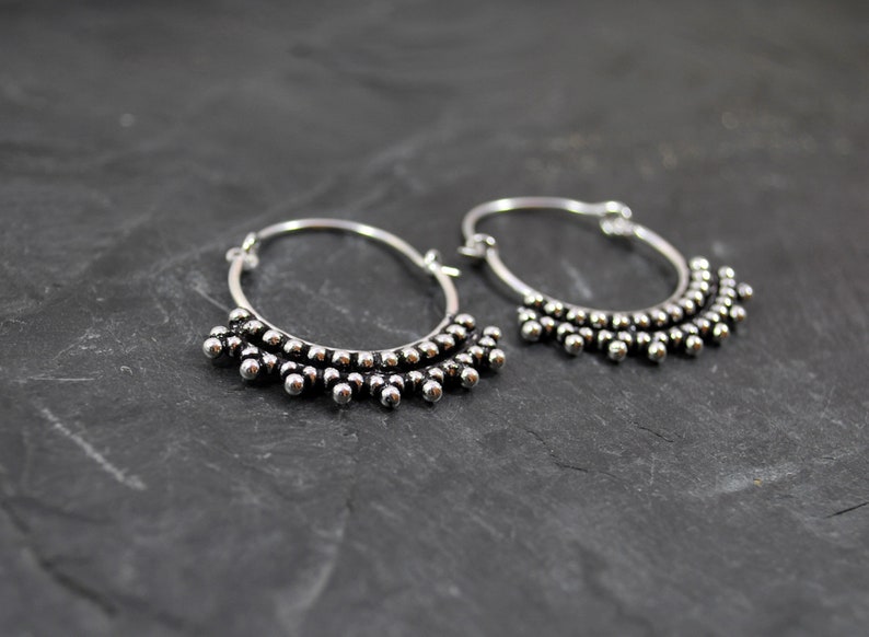 Tribal Gypsy jewelry Grey Silver Hoop earrings Rustic earrings Bubbles hoops Yoga jewelry For sale Mandala jewellery Cute jewelry