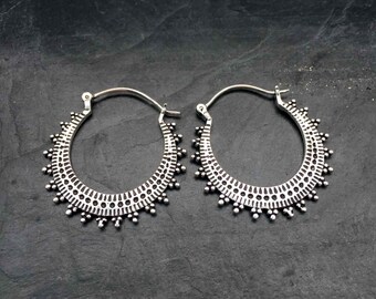 Mandala earrings, Silver hoops, Gypsy earrings, Belly dance jewelry, Tribal hoops, Geometric hoop, Silver jewelry, Tradicional jewelry