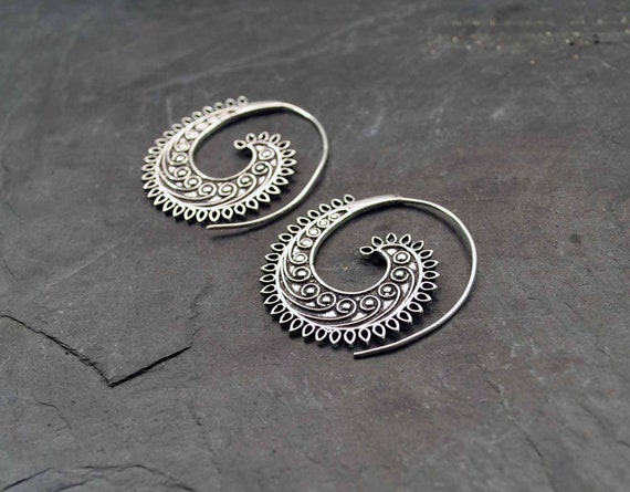Spiral Earrings Silver Hippie Earrings Ethnic Jewelry Tattoo