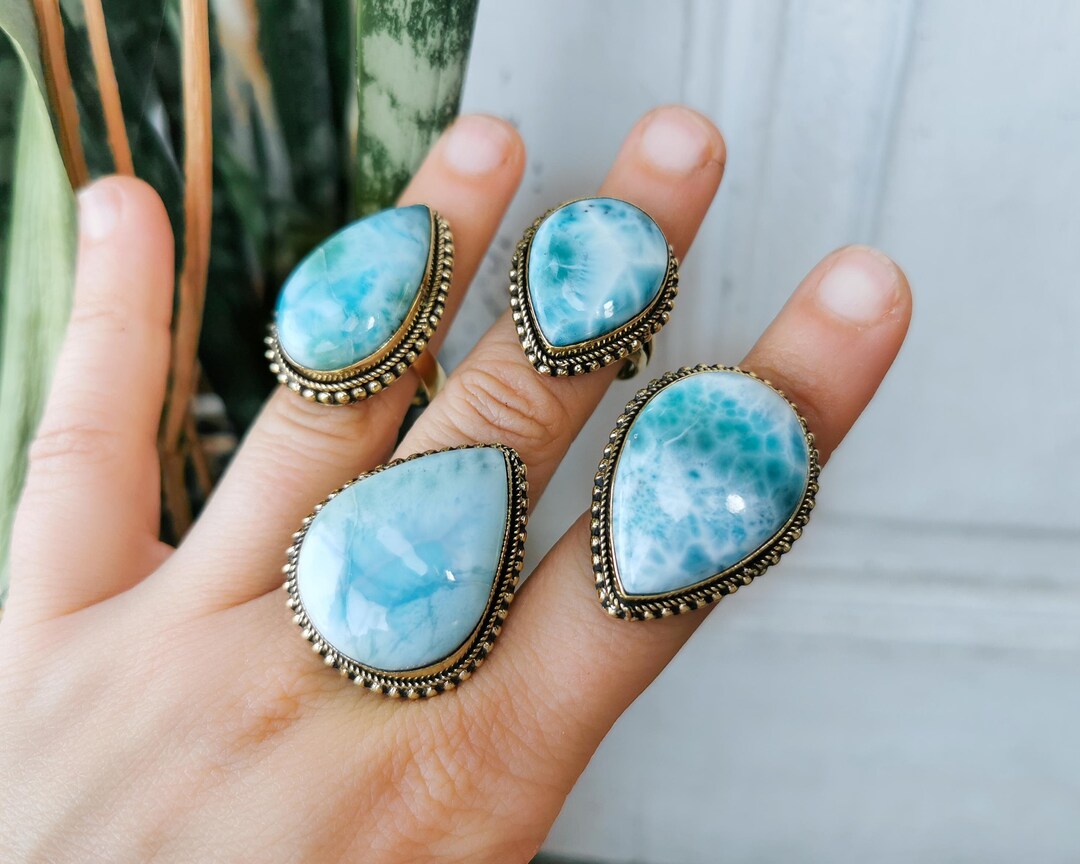 Larimar Blue Light Ring in Golden Brass - Water Blue Natural Stone ...
