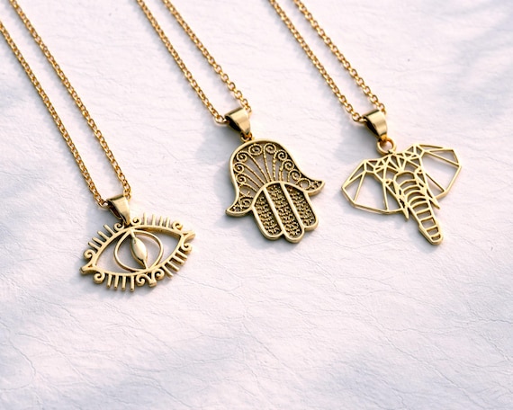 Spiritual protection necklace set - Hamsa hand, eye of horus and elephant amulet - Lucky talisman jewelry - Boho ethnic set