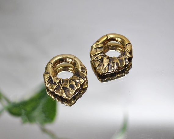 Brass Ear Weights Gauge Hoop Earrings With Rustic Carving