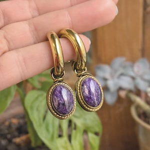 Tiger Eye & Charoite Ear Weights – 2ga Gold Stretched Earrings – Natural Stone Dangles – Boho Gemstone Plugs for Stretched Ears