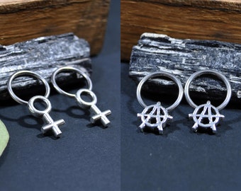 Anarchy Symbol Earrings - Feminist symbol steel hoop earrings - 18ga hoop earrings with press studs