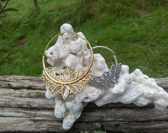 Brass Earrings, Oxidized silver plated brass, Bohemian Earring, Lotus flower earrings, Bohemian Hoop earrings, Lotto flower, Vintage jewelry