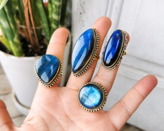 Labradorite Blue Flash Ring in Golden Brass Healing Labradorite Gemstone Ring Shape Oval Pointed Teardrop Circle Drop Etsy