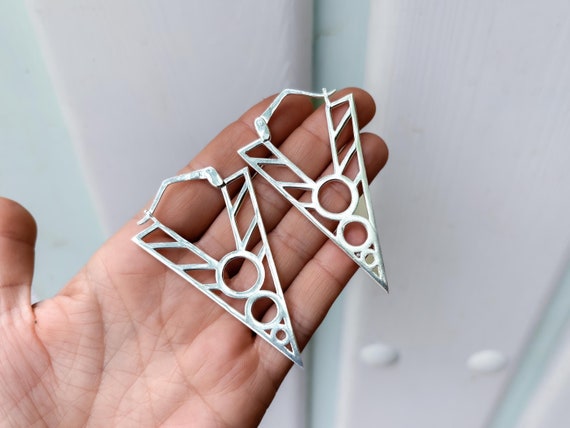 Sterling Silver Plated Triangle Hoop Earrings: Geometric Stretched Ear Jewelry