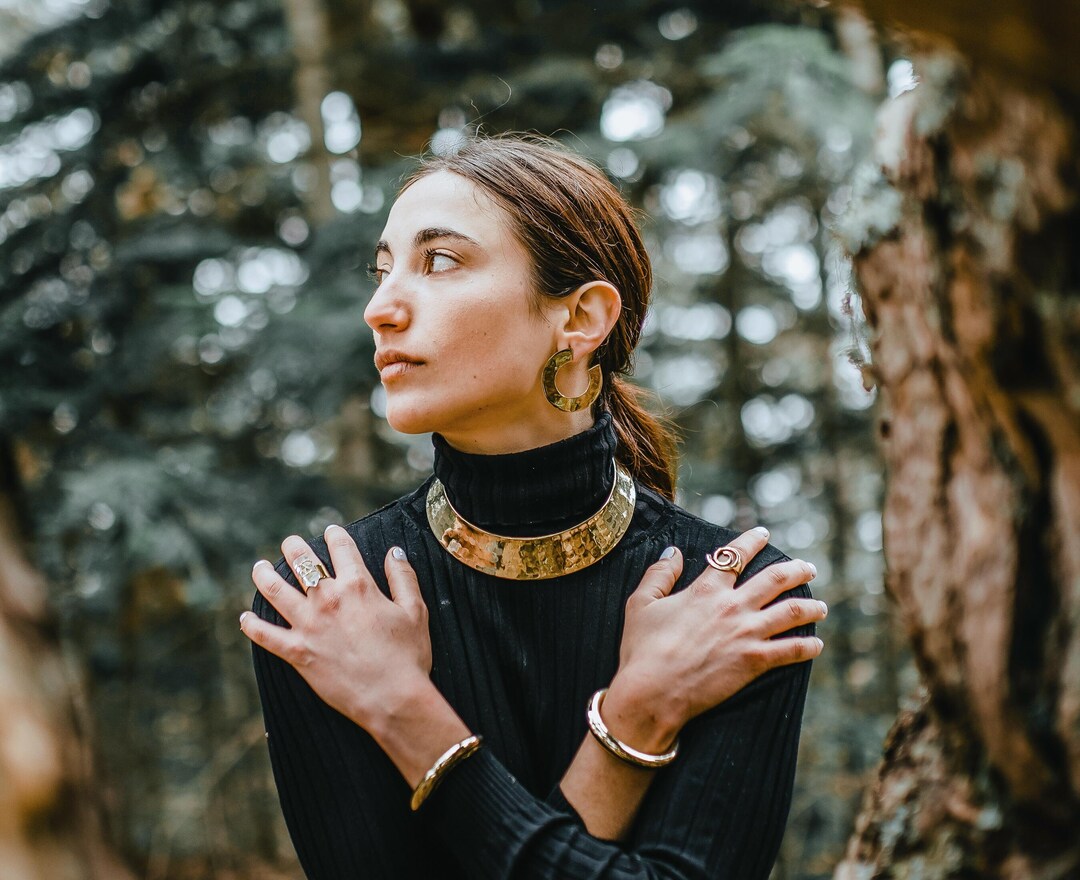 Brass Choker - Wide Bib Choker - Hammered Wrap-around Golden