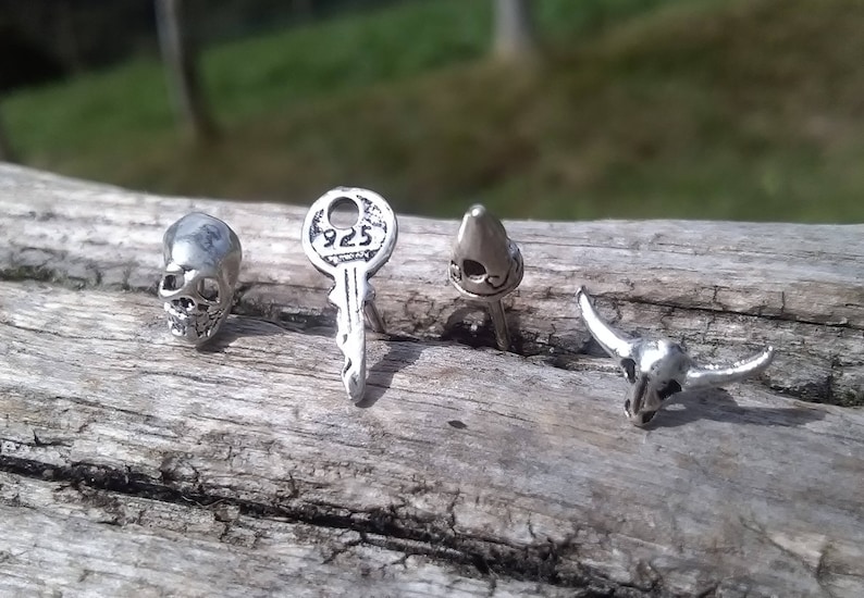 May include: Four silver earrings with different designs: a skull, a key, a crown, and a bull skull.