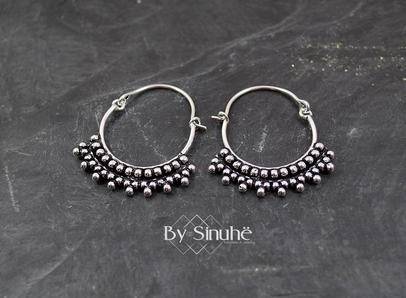 Tribal Gypsy jewelry Grey Silver Hoop earrings Rustic earrings Bubbles hoops Yoga jewelry For sale Mandala jewellery Cute jewelry