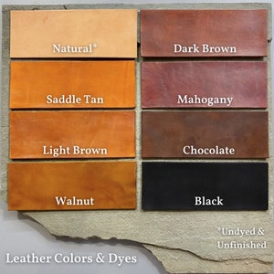 Puede incluir: Carta de colores de cuero con muestras de cuero natural, marr&oacute;n silla de montar, marr&oacute;n claro, nogal, marr&oacute;n oscuro, caoba, chocolate y negro. El texto "Leather Colors & Dyes" est&aacute; en la parte inferior de la carta. El texto "*Undyed & Unfinished" est&aacute; en la parte inferior derecha de la carta.