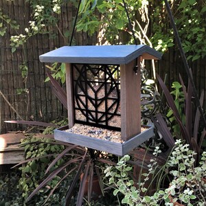 Handmade FLW inspired Hanging Bird Feeder Flora Blue & Gray