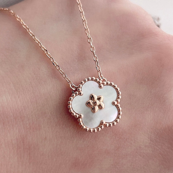 High Quality 925 Sterling Silver 18k Rose Gold Plated Flower Blossom Necklace, Clover Necklace, Mother of Pearl, Gift Ideas, Christmas