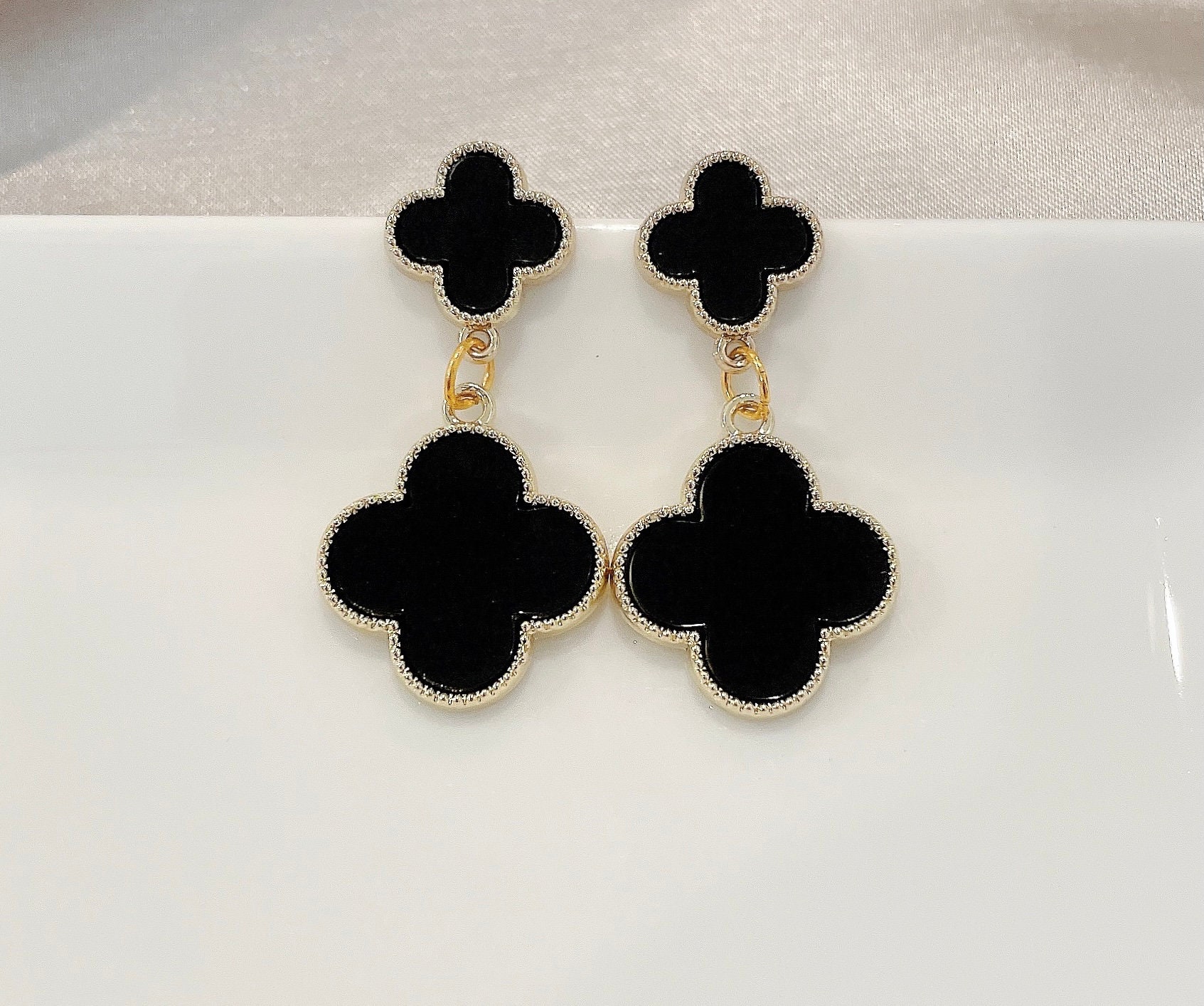 Double Clover Drop Earrings Gold Plated 925 Sterling Silver - Etsy