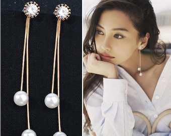 925 Sterling Silver Pin Crystal Pearl Tassel Earrings / Elegant Tassel Earrings | Mother’s Day