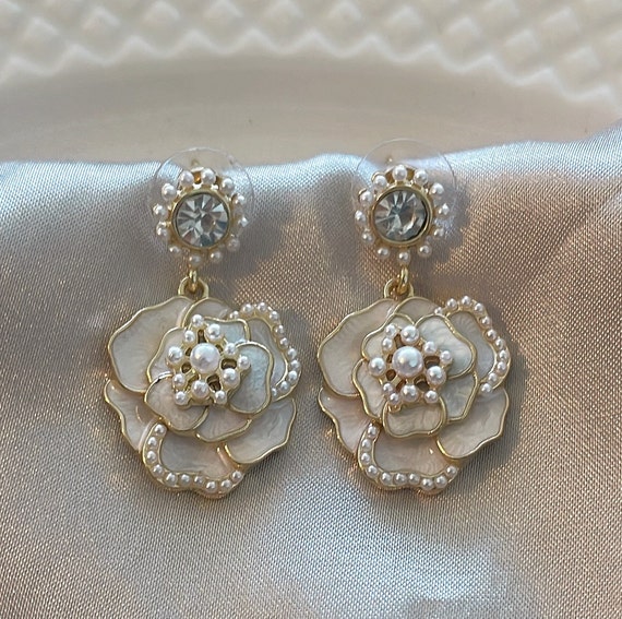Chanel Style Camellia Flower Rhinestone and Pearl Earrings