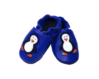 Penguin Baby Shoes, Dark Blue Baby Shoes, Leather Baby Booties, Toddler moccasins, Soft Sole Booties, Leather Baby Booties