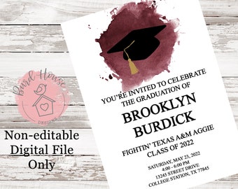 Maroon Watercolor Texas A&M Aggie University Graduation Cap Invitation Announcement