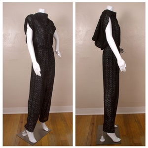 Vintage 1980s Ala Carte Black Sheer Sparkle Jumpsuit Romper, 40s Style, Unlined, Dressy, Elastic Waist, Bateau Neckline, Paper Doll Pattern