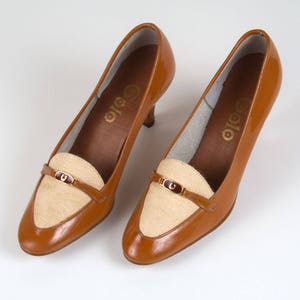 Vintage 1960s - 1970s Golo Leather Orange Brown & Beige Woven Tweed w/ Horseshoe Detail, Stiletto Heels, Pumps, Pointy Toe Cocktail, Size 6
