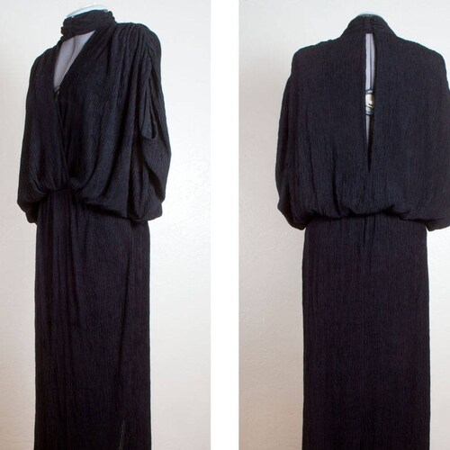 Vintage 1980's DQ Sophisticates Ltd. Black Crepe Dress, 40s Style, Plunging V-Neck Front & Back, Butterfly Batwing Sleeve, Women's shops Size 9/10