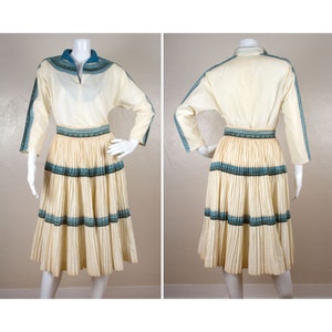 Vintage 1950s Jeanette&#39;s Original Albuquerque New Mexico Southwestern Cream Ivory Turquoise Blue Patio Fiesta Skirt Top 2 Piece Matching Set