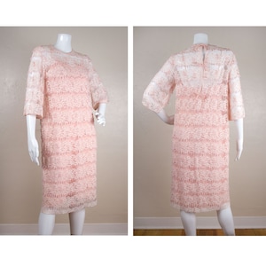 Vintage 1960s Miss Elliette California Pink Beaded Sequin Dress, Lace Sheer Cocktail Party Formal Sheath Dress, 3/4 Sleeve, 2-Piece, Size 8