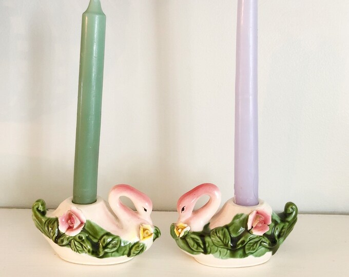 Vintage Mid Century Swan Candle Holders/ Retro Pink Swans/ Hollywood