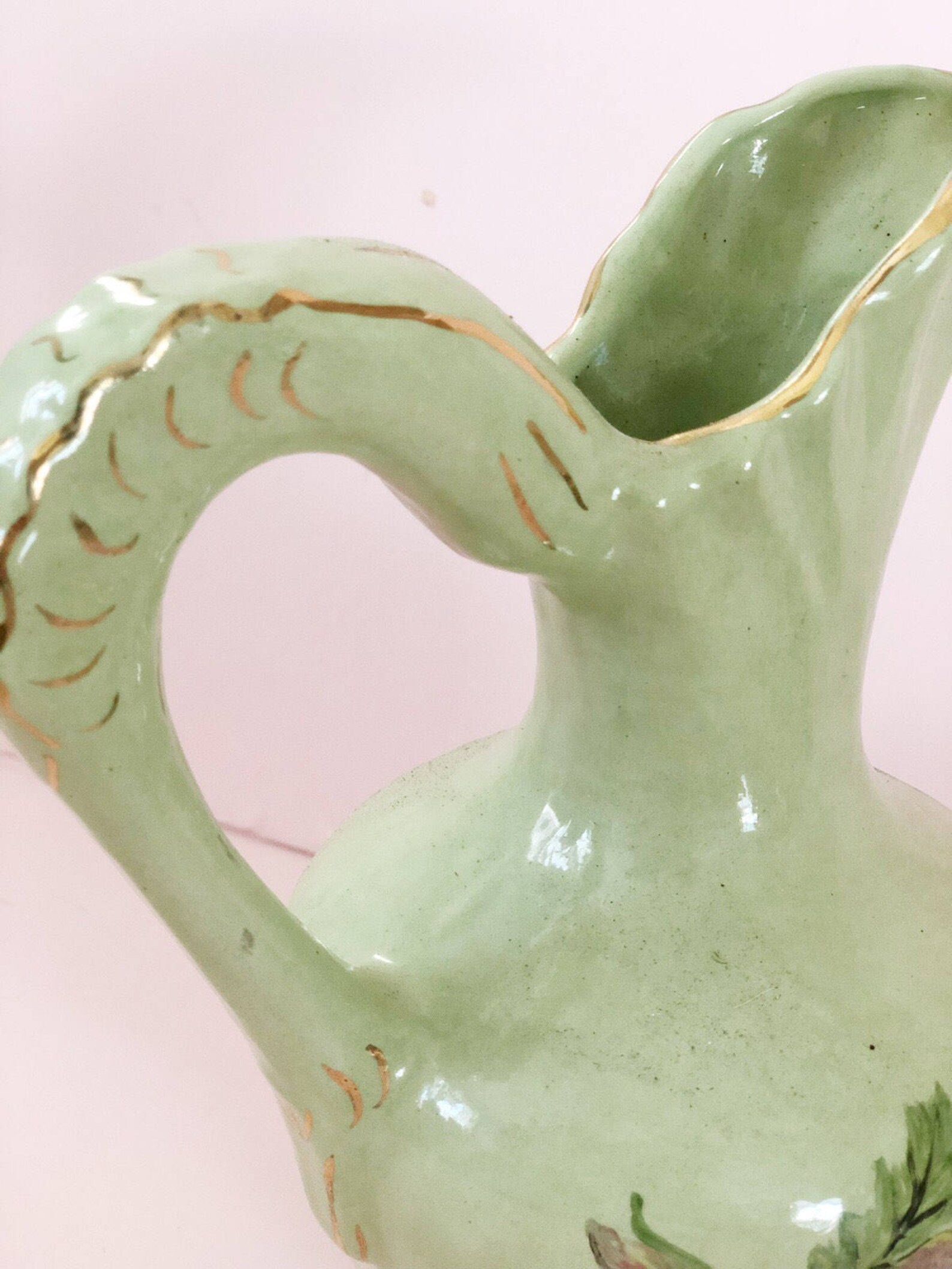 Vintage green floral porcelain pitcher vase/ hand painted | Etsy