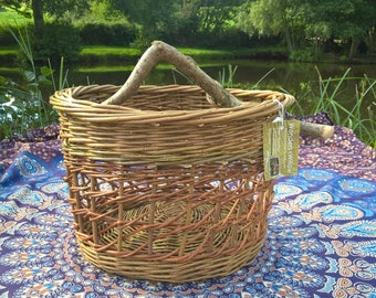 Willow basket with bent hazel stick handle