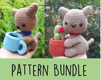 Coffee and Plant Cat Bundle PDF Digital Download, Cat with Coffee Cup and Cat with Plant Pot Plushie Amigurumi Written Pattern, Crochet Cats