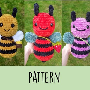 Chunky Strawberry, Grape and Honey Amigurumi PATTERN, PDF Digital Download of Fruit and Honey bees with matching handbags, Cute Bee Plushies