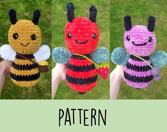 Chunky Strawberry, Grape and Honey Amigurumi PATTERN, PDF Digital Download of Fruit and Honey bees with matching handbags, Cute Bee Plushies