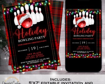 May include: Holiday bowling party invitation design. Features a red and black plaid background with a bowling pin and Santa hat graphic. Includes event details and RSVP information. Also includes a 5"x7" editable invitation and animated virtual invitation.