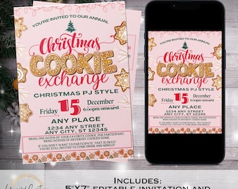 May include: Pink and red Christmas cookie exchange invitation with gingerbread cookies and lights. The invitation is 5" x 7" and includes an animated virtual invitation. The text on the invitation reads "You're invited to our annual Christmas Cookie Exchange. Christmas PJ Style. Friday, December 15, 6:00pm onward. Any Place, 1234 Any Street, Any City, ST 12345. Bring one dozen of your favorite cookie, per participant. Bring dozens of different cookies home. If you don't want to participate, that is okay! You're still invited to come drink and mingle!"