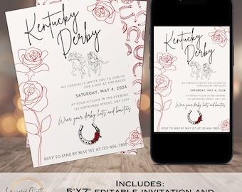 May include: Editable 5x7 inch invitation for a Kentucky Derby party. The invitation features a red horseshoe with roses and a white background. The text reads "Kentucky Derby" and includes the date, time, and location of the event. It also includes a virtual invitation.