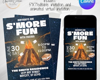 S'mores Bonfire Birthday Invite: Editable Template (Digital Download)
