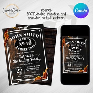 Op de afbeelding: Een zwart-witte uitnodiging voor een 40e verjaardagsfeest. De uitnodiging heeft een whiskyflesontwerp met de tekst "John Smith Aged to No. 40 Perfection". De uitnodiging bevat de datum, tijd en locatie van het feest. De uitnodiging bevat ook een telefoonnummer voor RSVP.