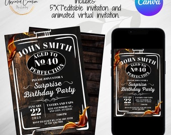 Aged to Perfection Whiskey Inspired invite, Masculine Birthday Invite, Whiskey Birthday Party, digital download, editable template, evite