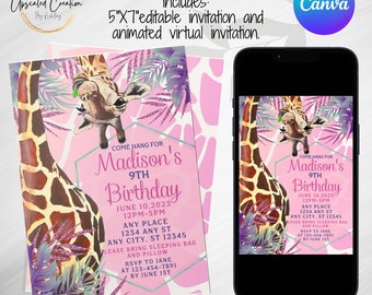 Pink Giraffe Birthday Invitation: Editable Template (Digital Download)