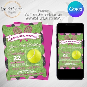 Pink Argyle Tennis Invite, Digital download, editable template, virtual invite, animated, Tennis Party, Birthday Party, Tennis Tournament
