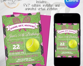 Verjaardagsuitnodiging roze argyle tennis: bewerkbare sjabloon (digitale download)