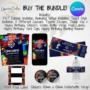 Paintball Party Bundle, digitaler Download, bearbeitbare Vorlage, Ticket einladen, virtuelle Einladung, Banner, Cupcake Topper, Lebensmitteletikett, Danke