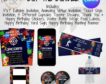 Paintball Party Bundle, Digitale Download, Bewerkbare sjabloon, Ticket uitnodigen, Virtuele uitnodiging, Banner, Cupcake Topper, Voedsellabel, Bedankt