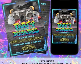 Dekaden-Party-Einladung, Graffiti-Musikthema, Retro-Geburtstags-Einladung für 80er-, 90er- und 00er-Partys, bearbeitbare digitale Download-Vorlage.